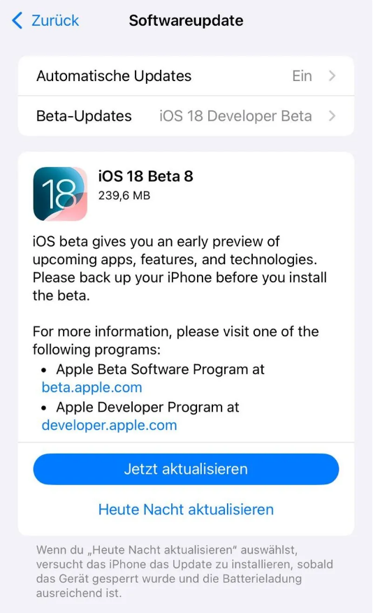 蓬溪苹果手机维修分享苹果 iOS / iPadOS 18 开发者预览版 Beta 8 发布 